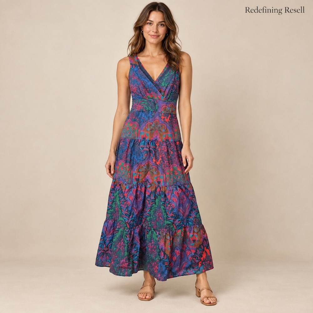 J.Crew Womens Blue Paisley Cotton Tiered Cutout Back Maxi Dress Size 0